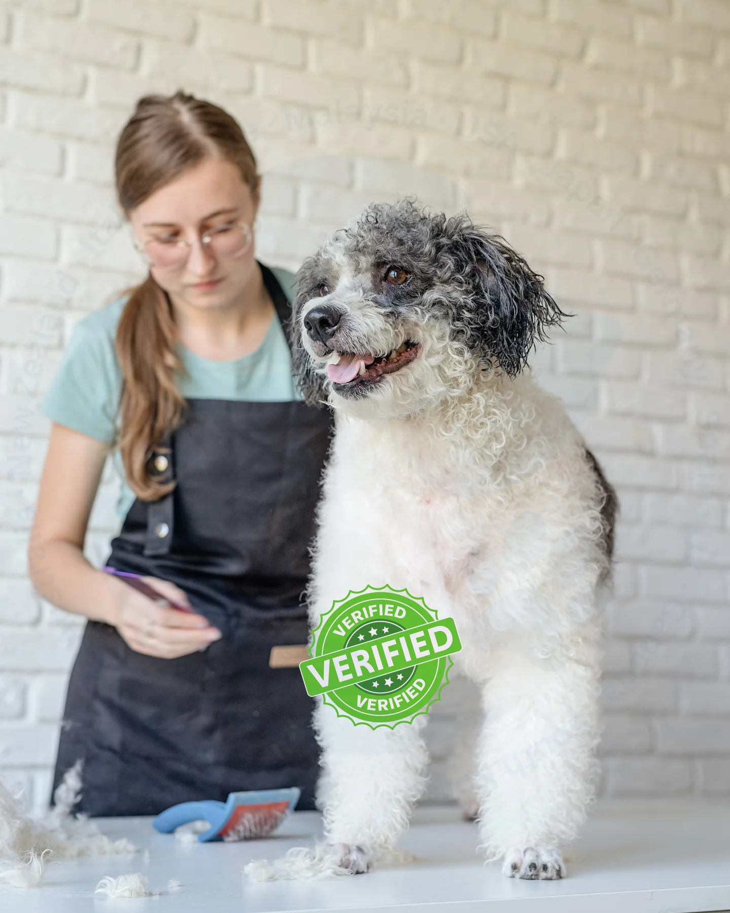 Woman grooming a Bichon Frise dog in a salon, showcasing professional pet grooming services.